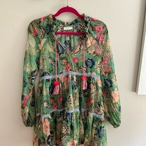 Boho Green Floral Tiered Mini Dress with Tassel Detail